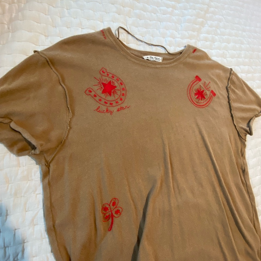 We The Free western embroidery Brown Tee with Red Accents small oversized